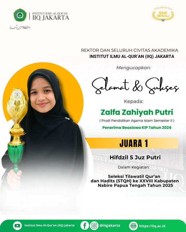 Zalfa Zahiyah Putri Raih Juara 1 dalam Seleksi Tilawatil Qur’an dan Hadits STQH ke-XXVIII